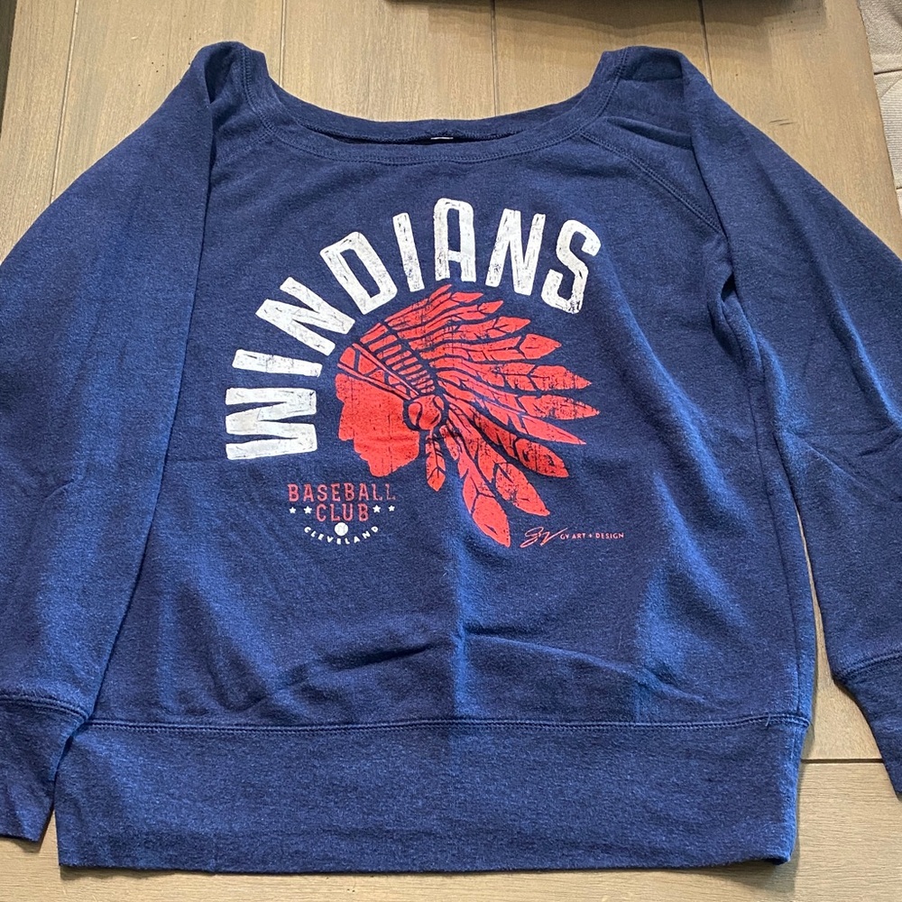 Blue Graphic Sweatshirt with Red and White Print